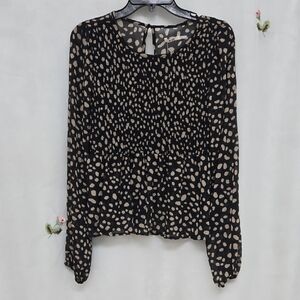Francesca's Mi Ami* Sheer Black & Cream Polka Dot Peplum Blouse* Size: L